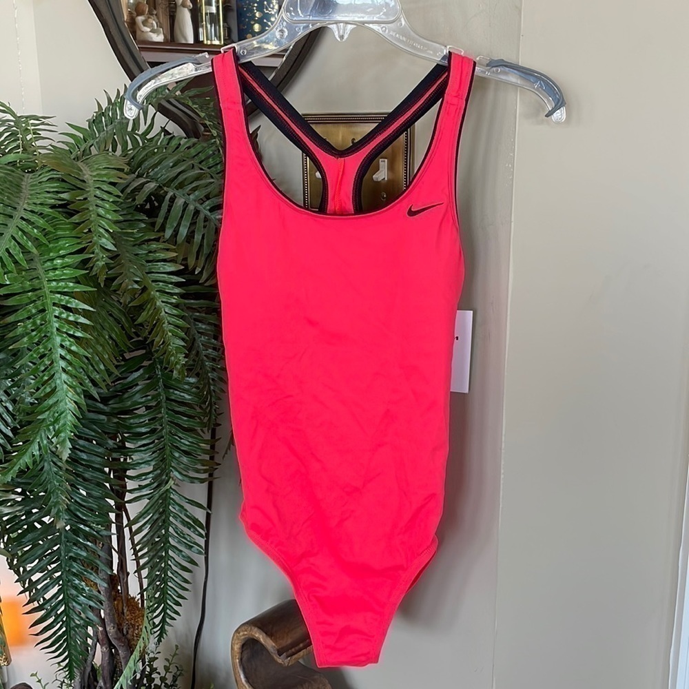 Brand New Nike Racerback One-Piece Swimsuit Bright Coral Pink w/ Black Sporty